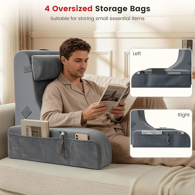 Homkdom Reading Pillow for Sitting in Bed Adult, 22" Back Pillow for Bed Sitting up with Armrests & Storage Pockets, Ergonomic Wedge Pillow for Watching TV, Gaming, Working, Recovery, 5PCS, Grey