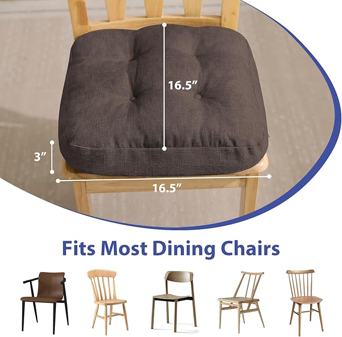 IASEAHK Chair Cushions for Dining Chairs, Dining Chair Cushions, Tufted Indoor Chair Pads with Ties & Non Slip Backing, Seat Cushions for Kitchen Chairs 16.5” x 16.5” x 3.5”, Set of 2, Brown