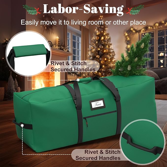 Christmas Tree Storage Bag with Rolling Wheels, Fits for 9ft Xmas Artificials, Large Xmas Storage Container with Reinforced Carry Handles and Fixed Buckle, 600D Oxford Cloth, Dual Zippers