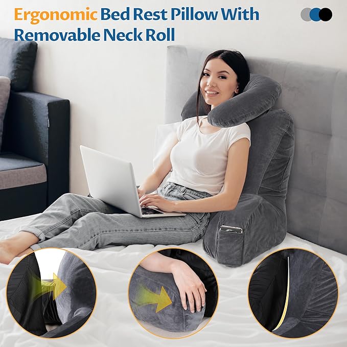 Rengue 31" Ergonomic Bed Rest Pillow, Grey Large Reading Pillow with Detachable Neck Roll Soft PP Cotton Backrest with Arms Pockets for Bed Couch Reading Watching TV
