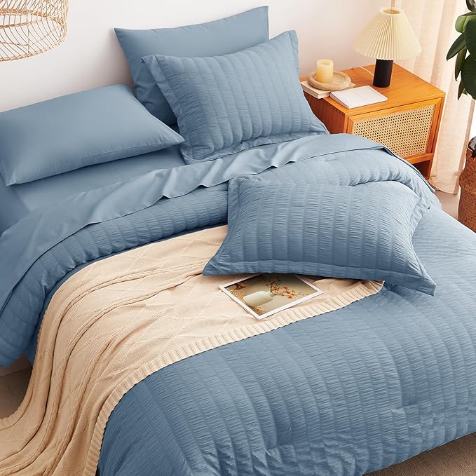 CozyLux Full Size Comforter Sets with Sheets 7 Pieces, Grayish Blue Seersucker Bed in a Bag Textured Luxury Soft Dusty Blue Bedding Sets with Down Alternative Comforter, Sheets, Pillowcases & Shams