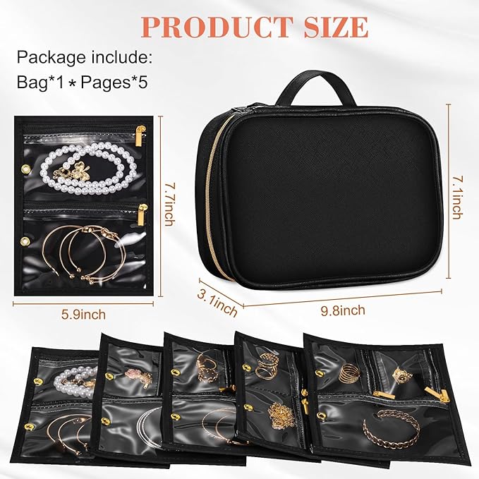 Travel Jewelry Organizer Case for Women, Jewelry Travel Case with 5 Zipper Pouches, Jewelry Organizer for Necklaces Earrings Rings Bracelets, Travel Jewelry Storage Bag (Black)