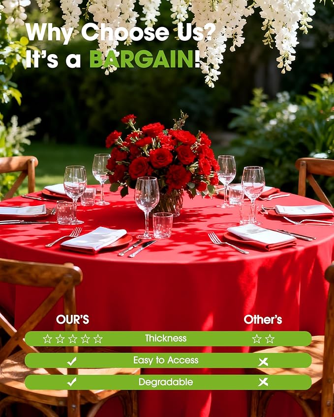 Pureegg Plastic Table Cloth Disposable 10 Pack, 84'' Round Table Cloths, Valentines Day, Thanksgiving, Christmas Decorations, Fall Tablecloths, Round, Plastic Cover, Leakproof & Sturdy, Red