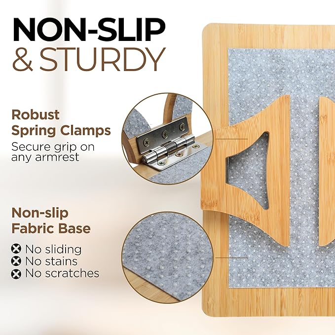 3-in-1 Bamboo Couch Tray with Silicone-Lined Wine Glass Holder, Cup Compartment, and Non-Slip Phone Stand