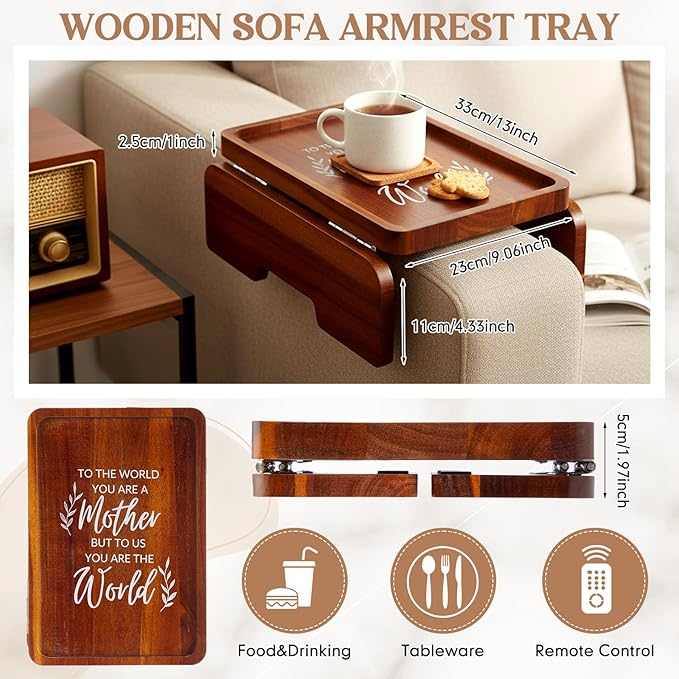 Kathfly Birthday Gifts for Mom, Mothers Day Gift 13.75" x 9.5" Couch Arm Table, to The World You Are a Mother But to Us You Are The World, Wooden Sofa Arm Tray, Mothers Day Gifts from Son Daughter