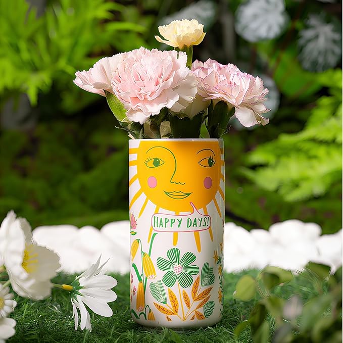 MOUGIGI Cute Small Ceramic Flower Vase-Colorful Boho Unique Round Design with Lively Smiley Patterns-Dopamine Decor Multi Use as Makeup Brush Holder, Pencil Pen Cup-Perfect for Weddings, Mother's Day