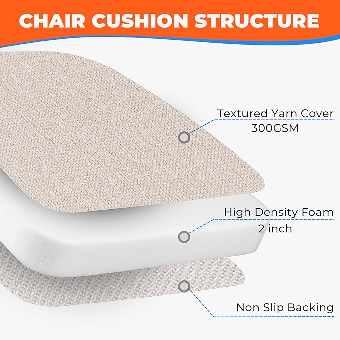 Sunsleek Chair Cushions for Dining Chairs, D-Shaped Seat Cushions with Removable Washable Cover and Ties, Chair Pads for Kitchen, Indoor Dining Room, Patio Chairs, 17'' x 16'', Set of 2, Beige