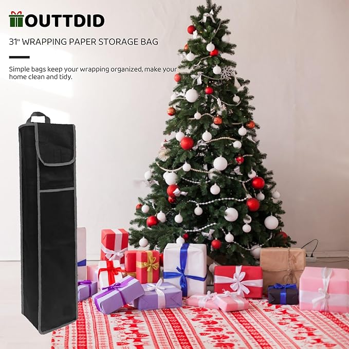 OUTTDID Wrapping Paper Storage Bag 31", Gift Wrapping Paper Organizer Storage Containers with Pocket for Crafts Poster Tools, Christmas Wrap Paper Holder fits for 9 Standard Rolls, Black