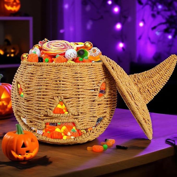 Halloween Candy Basket Handwoven Pumpkin Decors User Friendly Iron Frame Sturdy Storage for Homes Party School