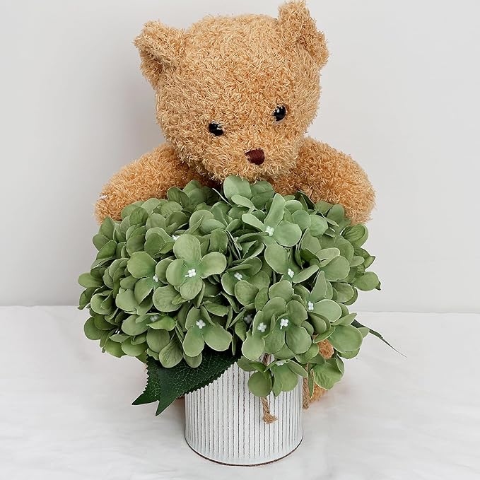 Flower Table Centerpieces - Set of 6 Floral Arrangement Artificial Wedding Hydrangeas Floral Arrangement with Rustic Metal Vase for Bridal Tea Party Event Decorations - Sage Green