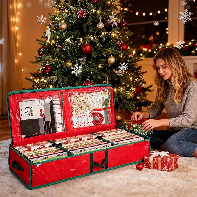 Christmas Wrapping Paper Holder Box, Waterproof Oxford Fabric Container 106x35x15.2 cm for Living Room, Bedroom, Closet, Rolls, Ribbons, Bows Storage