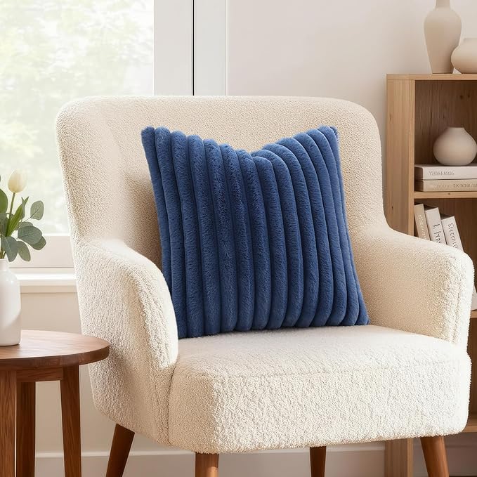 decorUhome Cozy Faux Fur Throw Pillow Covers 22x22 Set of 2 Decorative Soft Plush Striped Modern Farmhouse Boho Couch Euro Sham Pillow Cases with Velvet Back for Sofa Bed Living Room, Blue