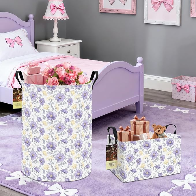 HUNRUNG Collapsible Fabric Storage Basket, Waterproof Laundry Hamper with Handles, Round Storage Bin for Clothes Toys, Foldable Organizer for Bedroom Nursery Bathroom(Round-Purple Flowers)