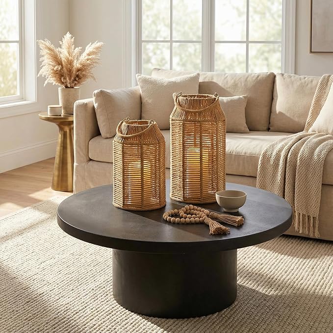 Natural Jute Boho Lanterns - Handcrafted Coffee Table Decor to Enhance Your Home - Modern Decorative Farmhouse Beauty for Living Room, Patio & Front Porch, Indoor and Outdoor or Kitchen Dining Table