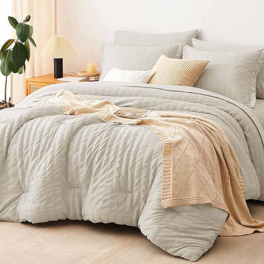 CozyLux Queen Comforter Set Oatmeal Seersucker 7 Pieces Bed in a Bag Queen Comforter Set with Sheets Luxury Soft Bedding Set with Down Alternative Comforter, Sheets, Pillowcases & Shams for All Season