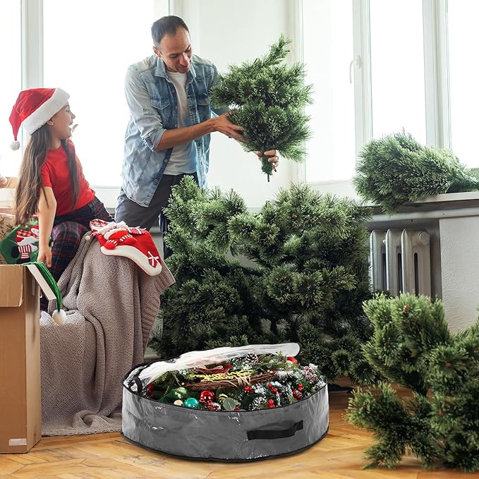 Aliceset 4 Pack Wreath Storage Containers, Ornament Garland Wreath Storage Bags with Handle Zipper Decorative Storages Box for Winter Valentine Wreaths(30 x 30 x 7.8 Inch,Gray)