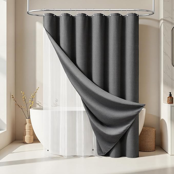 Dynamene Charcoal Grey Shower Curtain and Liner Set, Waffle Weave Fabric, Waterproof Clear Liner, 256GSM Heavy Duty Weighted Hotel Luxury Shower Curtains for Bathroom with 12 Plastic Hooks, 72Wx72H