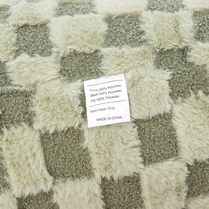 A Nice Night Faux Fur Reading Pillow,Checkered Fluffy Grid Plaid,Bed Wedge Pillow Large Adult Children Backrest with Arms for Bedrest,Green