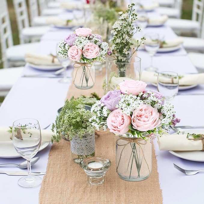 Zeyune Mason Jar Centerpiece Table Decorations, Artificial Peony Baby's Breath Flower Bouquets, Faux Flowers with Vase, Rustic Decor Gifts for Home, Wedding, Holiday (6 Sets,Purple,Pink)
