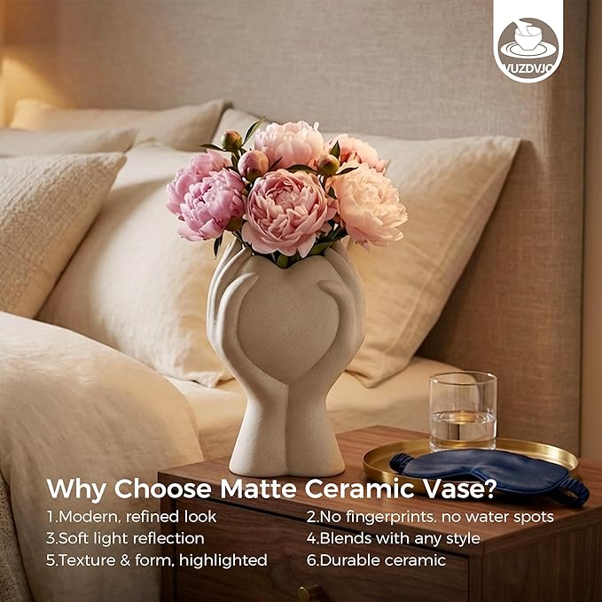 8 Inch Heart Hand White Ceramic Vase - Unique Modern Aesthetic Flowers Vase for Living Room Bedroom Office Kitchen Table Centerpiece or Shelf Decor (Cream White)