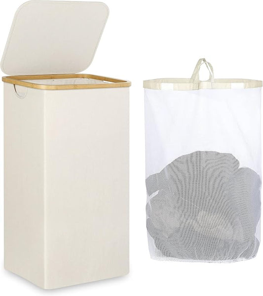 iEGrow Laundry Basket with Lid, 110L Large Laundry Hamper with Handle and Lid, Collapsible Clothes Basket Organizer with Removable Inner Bag for Clothes Toys Towels - Beige