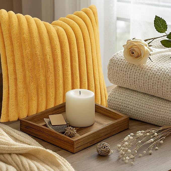 decorUhome Summer Cozy Faux Fur Throw Pillow Covers 18x18 Set of 2 Decorative Soft Plush Striped Modern Farmhouse Boho Couch Pillow Cases with Velvet Back for Sofa Bed Living Room, Mustard Yellow