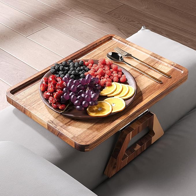 Acacia Wood Couch Arm Tray,Folding Sofa Armrest Tray,Couch Arm Table Clip-On Couch Desk for Drinks, Snacks,Phone,Remote Control
