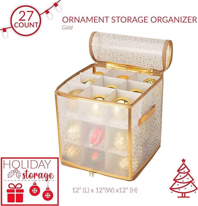Simplify 27-Count Ornament Organizer| Gold | Holds 27 Ornaments | Christmas Storage | Light Weight | Dimensions: 12.2 x 12.2 X 12.2 | Easy Carry Handles