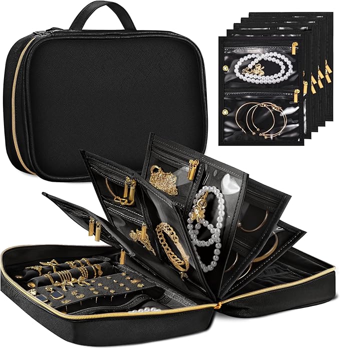Travel Jewelry Organizer Case for Women, Jewelry Travel Case with 5 Zipper Pouches, Jewelry Organizer for Necklaces Earrings Rings Bracelets, Travel Jewelry Storage Bag (Black)