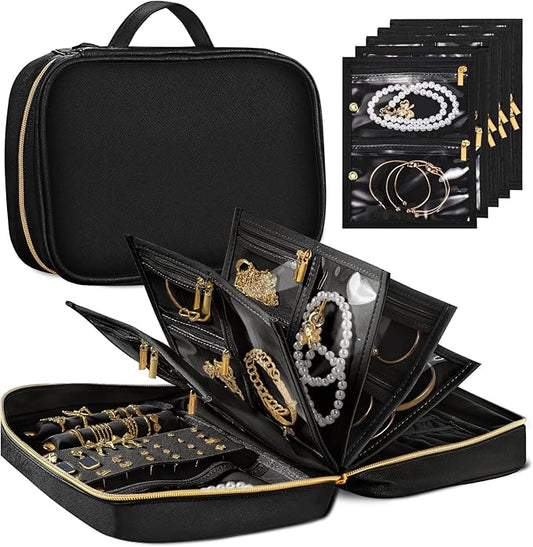 Travel Jewelry Organizer Case for Women, Jewelry Travel Case with 5 Zipper Pouches, Jewelry Organizer for Necklaces Earrings Rings Bracelets, Travel Jewelry Storage Bag (Black)