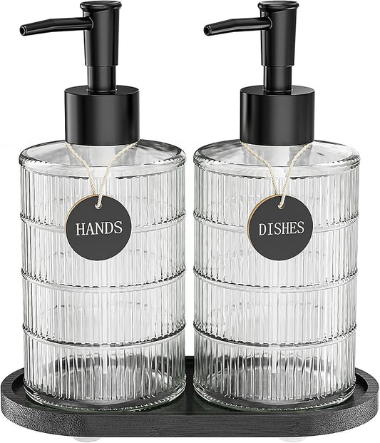 MASADI Soap Dispenser Set with Bamboo Tray, Dish and Hand Soap Lotion Dispenser Set with Wooden Pump for Kitchen and Bathroom Decor for Counter, Modern Vintage Liquid Soap Dispensers (Clear&Black)