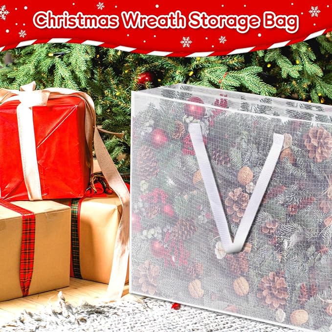 6PCS Christmas Wreath Storage Container, 25" Large Moving Bags Garland Container Clear Storage Bags with Handles Zippers Clear Christmas Storage Bags for Xmas Seasonal Holiday Wreath Storage Wrapping