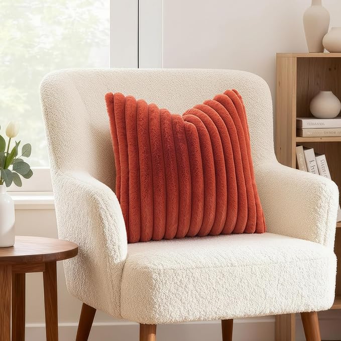 decorUhome Cozy Faux Fur Throw Pillow Covers 16x16 Set of 2 Decorative Soft Plush Striped Modern Farmhouse Boho Couch Pillow Cases with Velvet Back for Sofa Bed Living Room, Rust