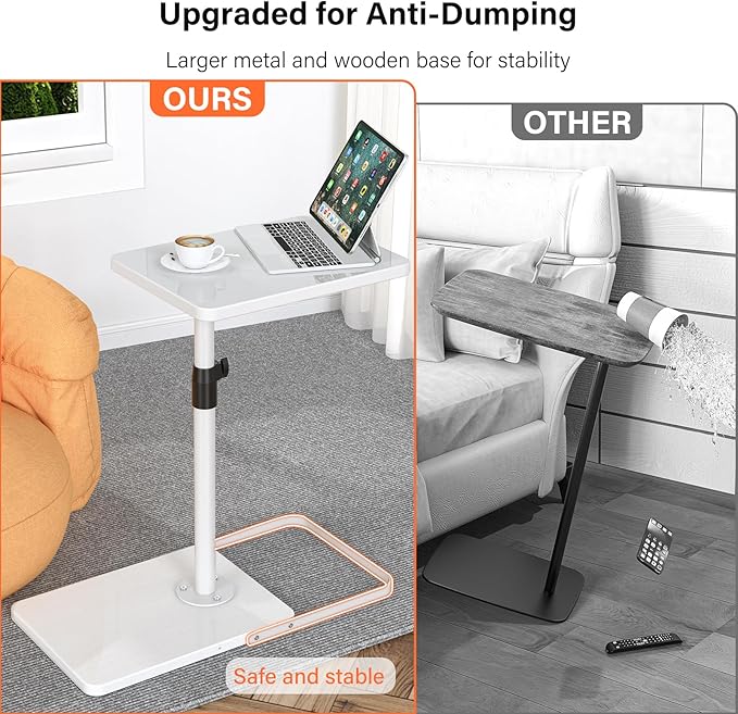 TV Tray Table for Couch - Adjustable Height & 360°Swivel Panel Design，Larger Metal and Wooden Base to Prevent Slipping，Sofa Armrest Tray Table for Eating Laptop Couch Bed Dinner or Small Space