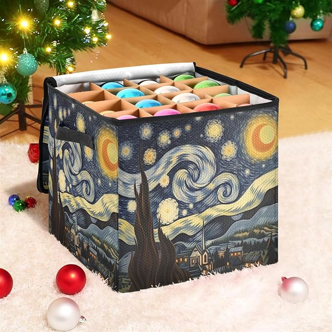 Kigai Van Gogh's Starry Sky Christmas Ornament Storage Box with Zipper & Adjustable Dividers Holiday Ornament Organizer Xmas Storage Container, 64 Balls