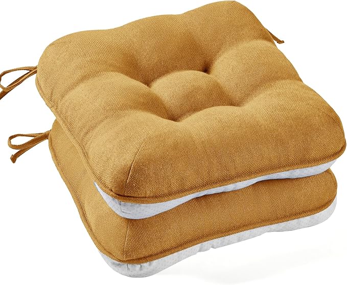 BETU Chair Cushions for Dining Chairs Set of 2,3.5" Thick Kitchen Table Chair Pads with Ties,Non Slip Backing and Covers, Seat Cushion for Dining Room,Bar,Patio Chairs,16"X16"X3.5",Yellow