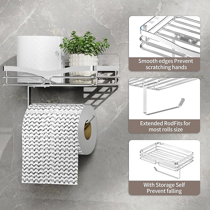 YIGII Toilet Paper Holder with Shelf, Adhesive or Drilling Toilet Paper Roll Holder for Bathroom, Rustproof Tissue Roll Holder Wall Mounted for Wipe Storage (Silver)