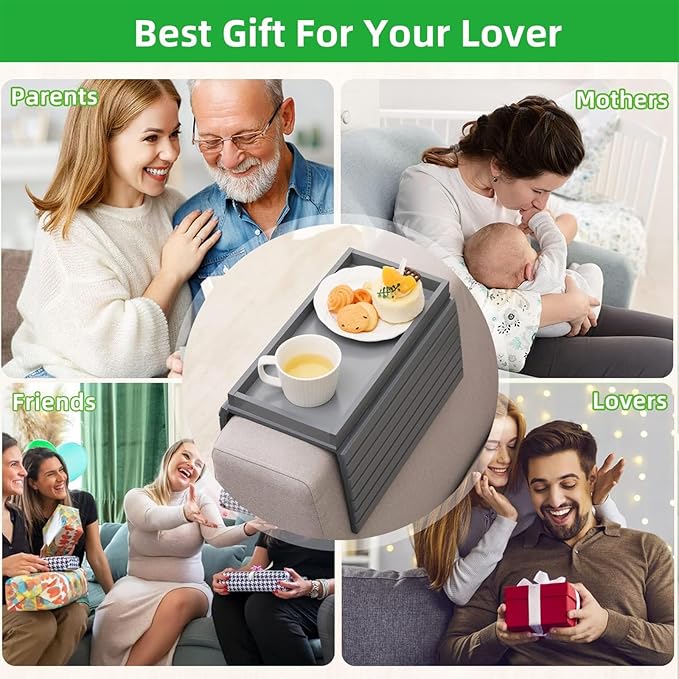 Bamboo Sofa Arm Tray with 2Pcs Cup Mats, Foldable Sofa Armrest Tray Side Table, Anti-Dropping Couch Armrest Table Cup Holder for Eats Drinks Snacks Remote Cellphone Cup Holder(Gray)