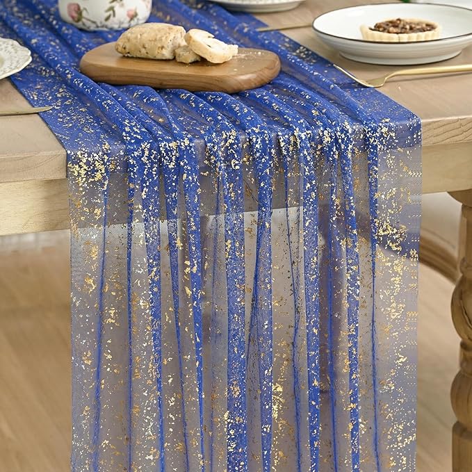 Artoid Mode Blue Gold Gauze Table Runner 59x120 Inch 10FT, Glitter Metallic Foil Sheer Dining Wedding Anniversary Holiday Table Decor for Home Party