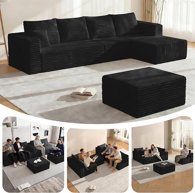 Modular Sectional Sofa, Boneless Compressed Sofa in a Box, U-Shaped Cloud Couch with Deep Seats & Chaise for Living Room, No Assembly Required (Black, 118" U-Shape with Right Facing Chiase) | Boneless Compressed, Sofa in a Box, Cloud Couch, Deep Seats,...