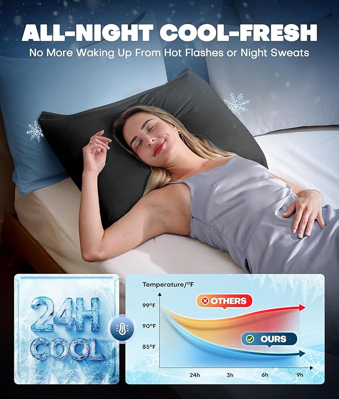 Ultra-Chill Cooling Pillowcase Set of 2 for Hot Sleepers, Softer Than Silk Pillow Cases for Protecting Hair & Skin, Breathable Bed Pillow Covers w/Zipper, Gifts for Women Men (Black, King)