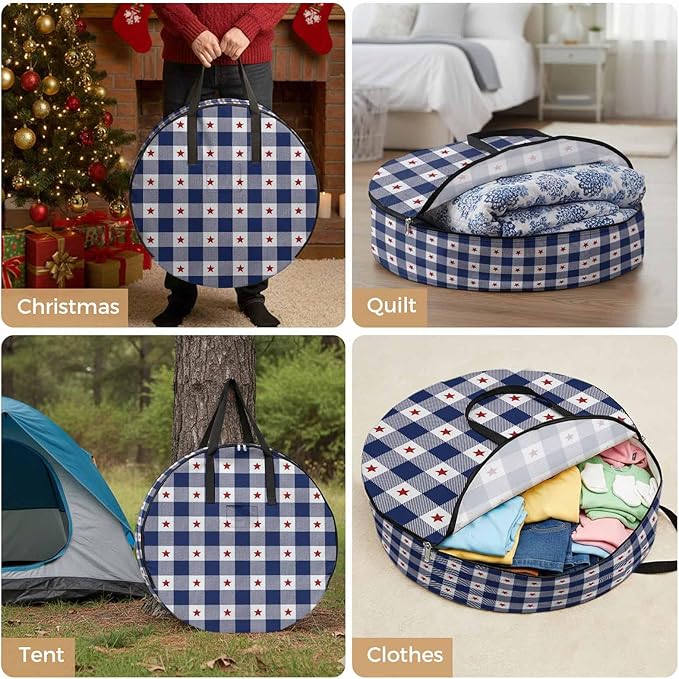 Independence Day Round Storage Bag 24 Inch, Patriotic Star Plaid Blue White Clothes Storage Container with Handles Heavy Duty Organizer for Comforter, Bedding & Holiday Wreaths