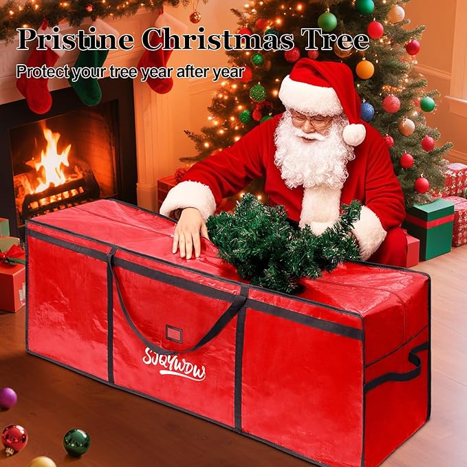 Christmas Tree Storage Bag 7.5 ft, Heavy Duty Artificial Xmas Trees Bag with Reinforced Handles, Dual Zippers Wide Opening, Two Mesh Pockets, Water Resistant for Holiday Tree Storage (Red)