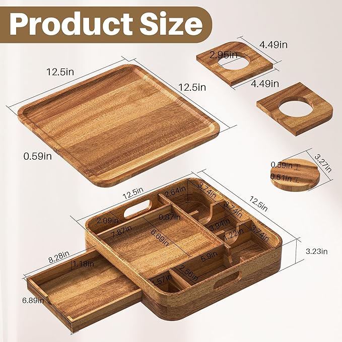 Couch Cup Holder, Couch Tray Cup Holder Sofa Tray, Acacia Wood Large Capacity 2-Tier Wooden Trays with Drawer for Sofa, Bed, Picnic, Drinks, Snacks, Remote, Cell Phone 12.5 * 12.5 in