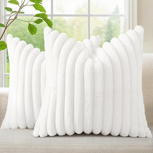 decorUhome Summer Cozy Faux Fur Throw Pillow Covers 18x18 Set of 2 Decorative Soft Plush Striped Modern Farmhouse Boho Couch Pillow Cases with Velvet Back for Sofa Bed Living Room, White