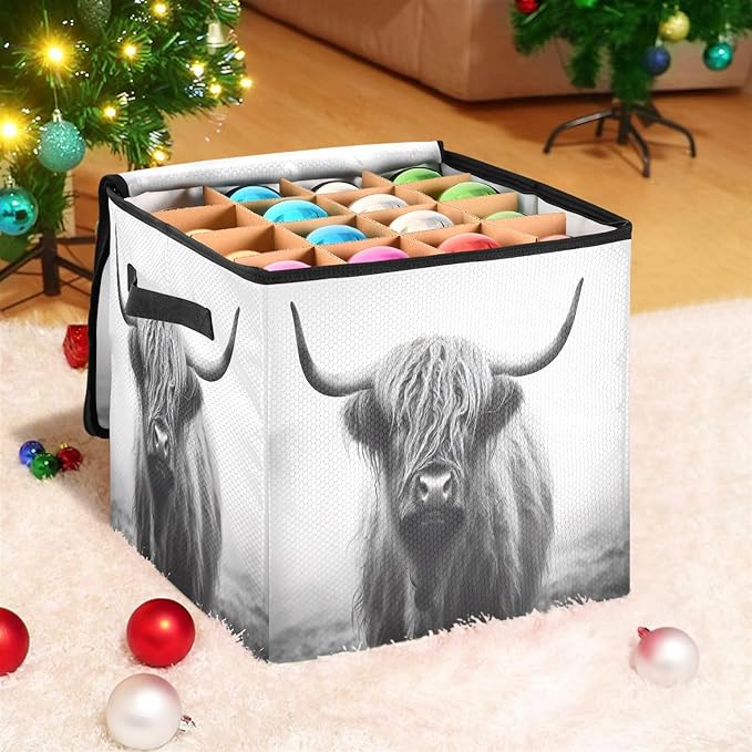 Kigai Highland Cow Christmas Ornament Storage Box with Zipper & Adjustable Dividers Holiday Ornament Organizer Xmas Storage Container, 64 Balls