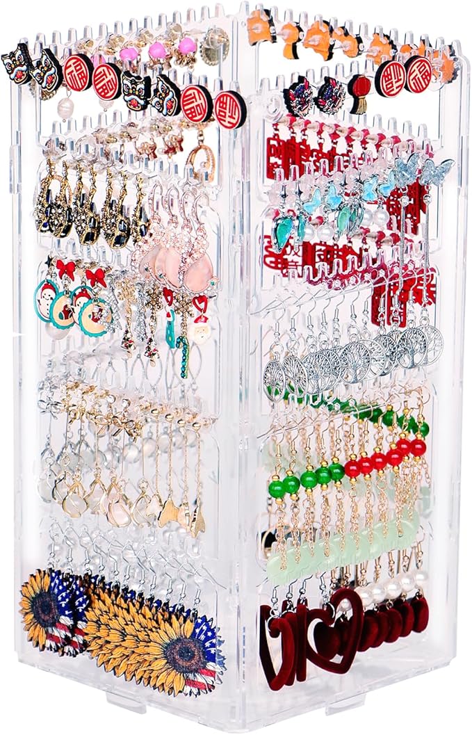 17Dec 360 Rotating Earring Holder Organizer Stand,5 Tiers Acrylic Jewelry Organizers and Storage,Stud Earring Organizers and Storage,212 Holes and 212 Grooves for Earrings Necklaces chain bracelet