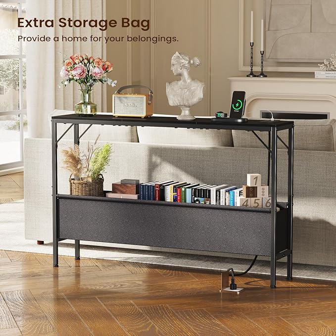 Asgolion Narrow Console Table, 47.2" Long Entryway Table with Storage & Power Outlets, Hallway Table, Mordern IndustrialSofa Tables for Living Room, Bedroom, Foyer, Office, Anti-tip Kit, Black