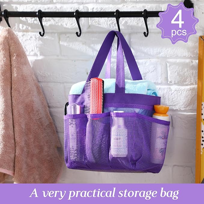 Hillban 4 Pcs Mesh Shower Caddy Portable Shower Caddy for Dorm Beach Mesh Bags with Deeper 8 Pockets and Handles Showers Caddies Basket for Women College Room Vacation(Purple)