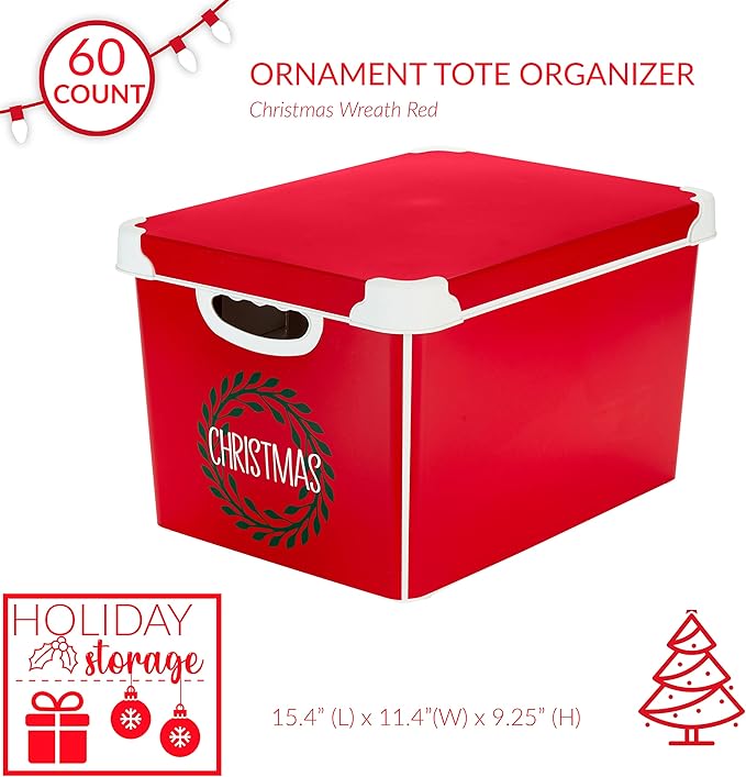 Simplify Christmas Wreath Design Holiday Tote Bin Ornament Storage | Dimensions: 15.4"x 11.4"x 9.25" | Holds 60 Ornaments | Red | Removable Lid | Easy Carry Handles |